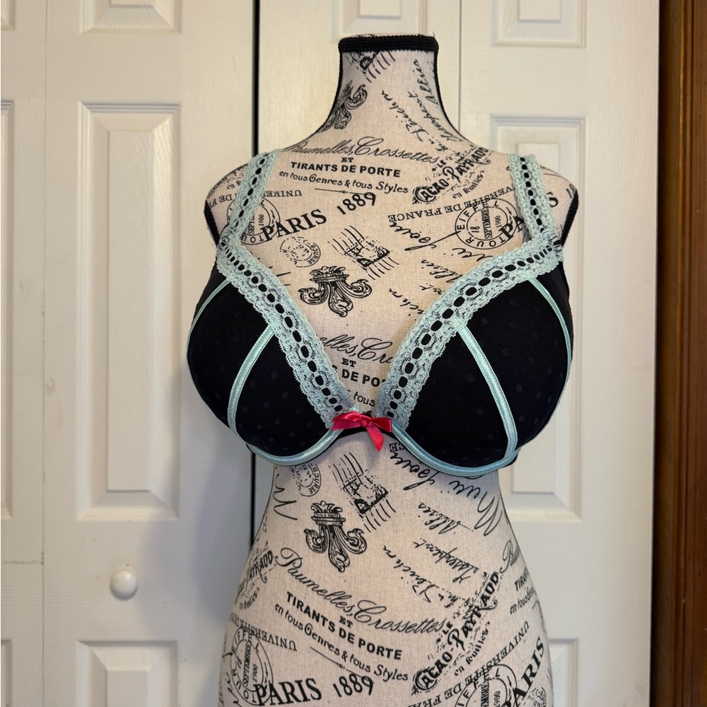 Black and Blue Cacique Trim Bra with front bow/ padded - Picture 5 of 5